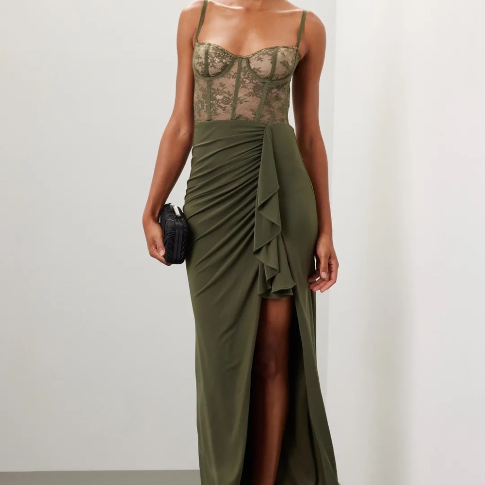 Elegant Olive Green Gown with Lace Bodice